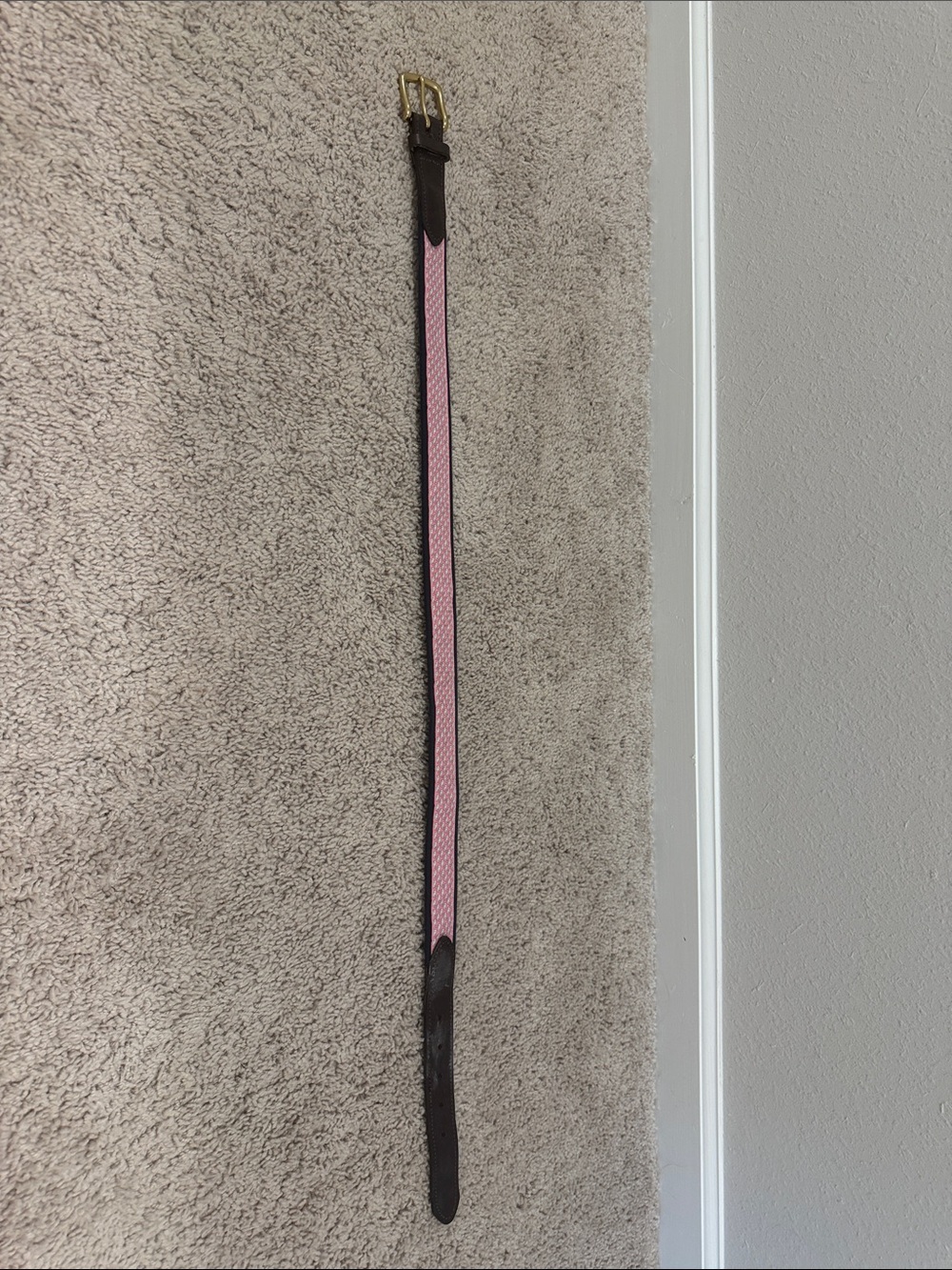 Vineyard Vines Pink Woven Belt with Brown Leather and Gold Buckle